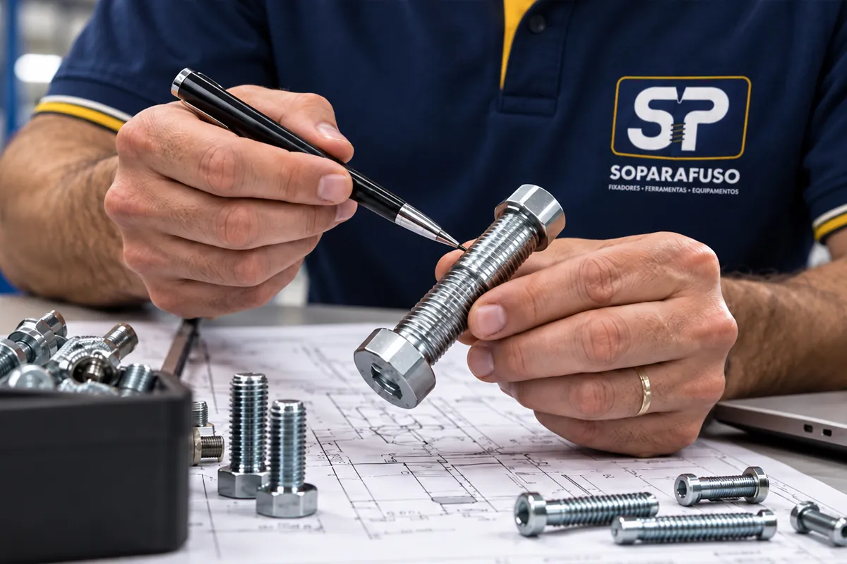 Parafuso sendo conferido sobre um desenho técnico
